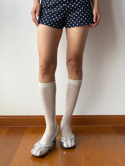 White Check Pattern Knee High Socks