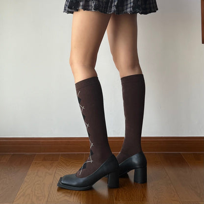 Brown Check Pattern Cotton Knee High Socks