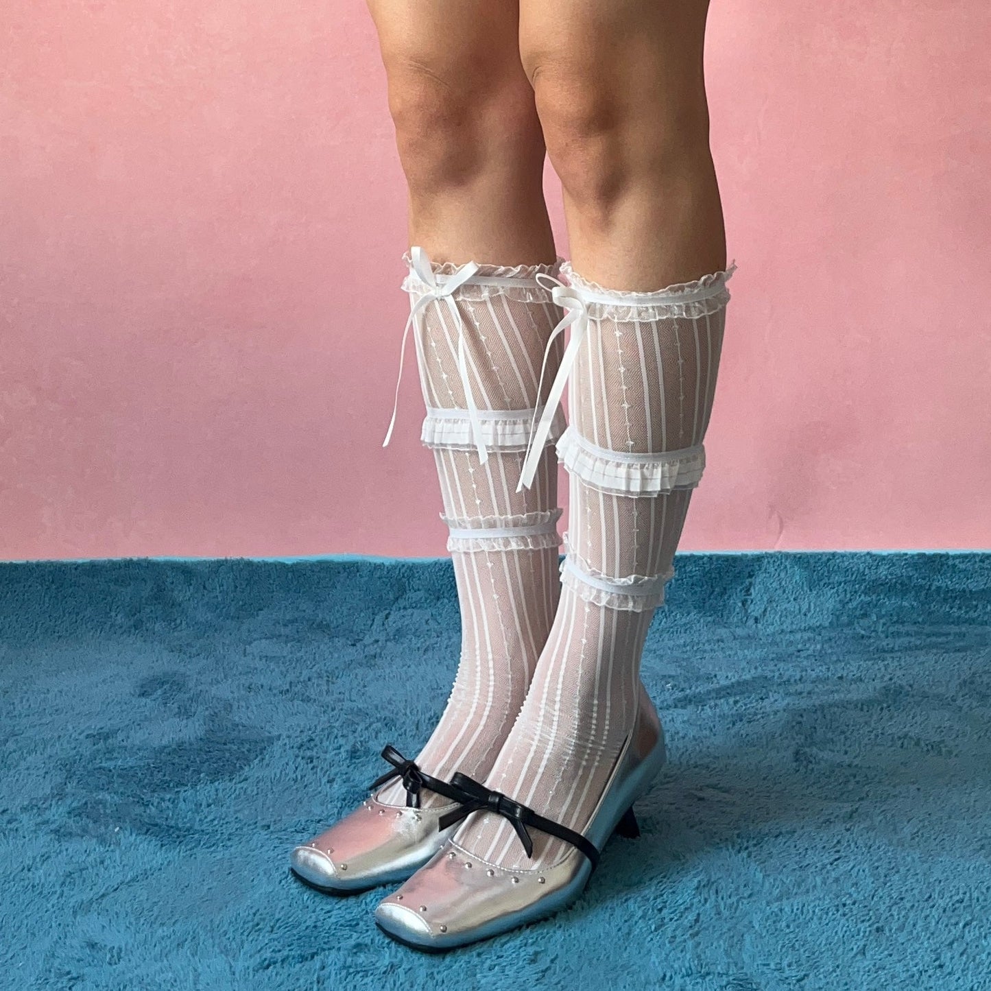 White Mesh Ruffle Bow Deco Knee High Socks