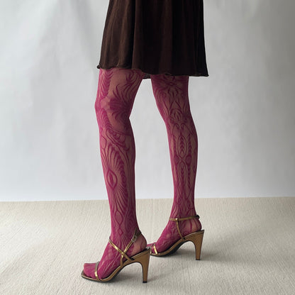 Rose Red Textured Floral Pattern Fishnet Tights