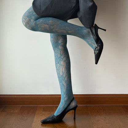 Lake Blue Floral Pattern Fishnet Tights