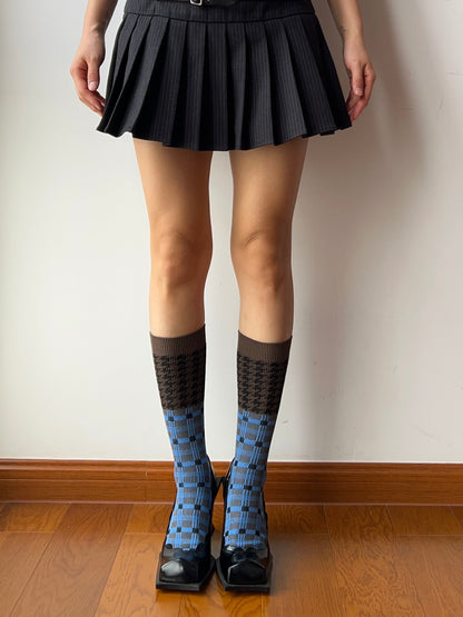 Blue+Brown Double Knitting Knee High Socks