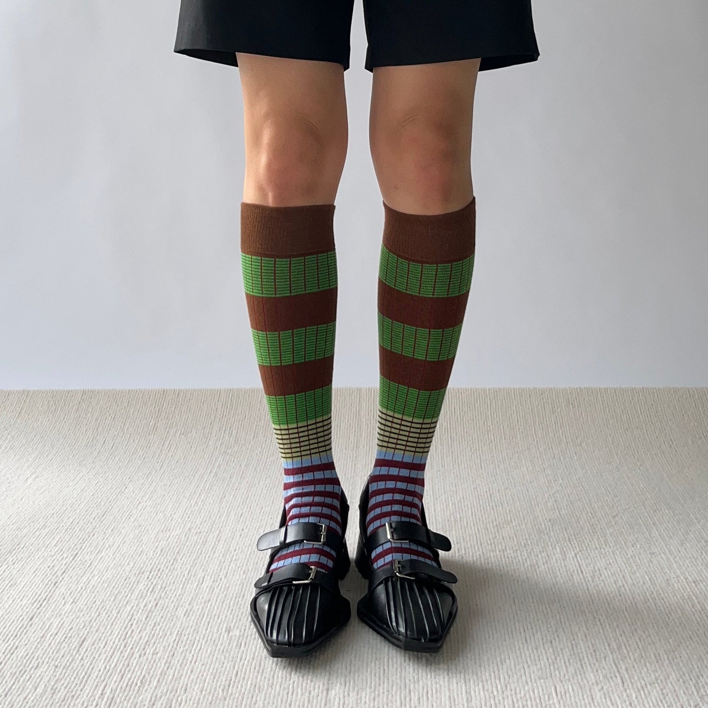 Green + Brown Stripe Cotton Knee High Socks