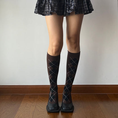 Brown Check Pattern Cotton Knee High Socks