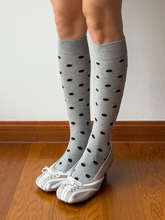 Gray Polka Dots Cotton Knee High Socks