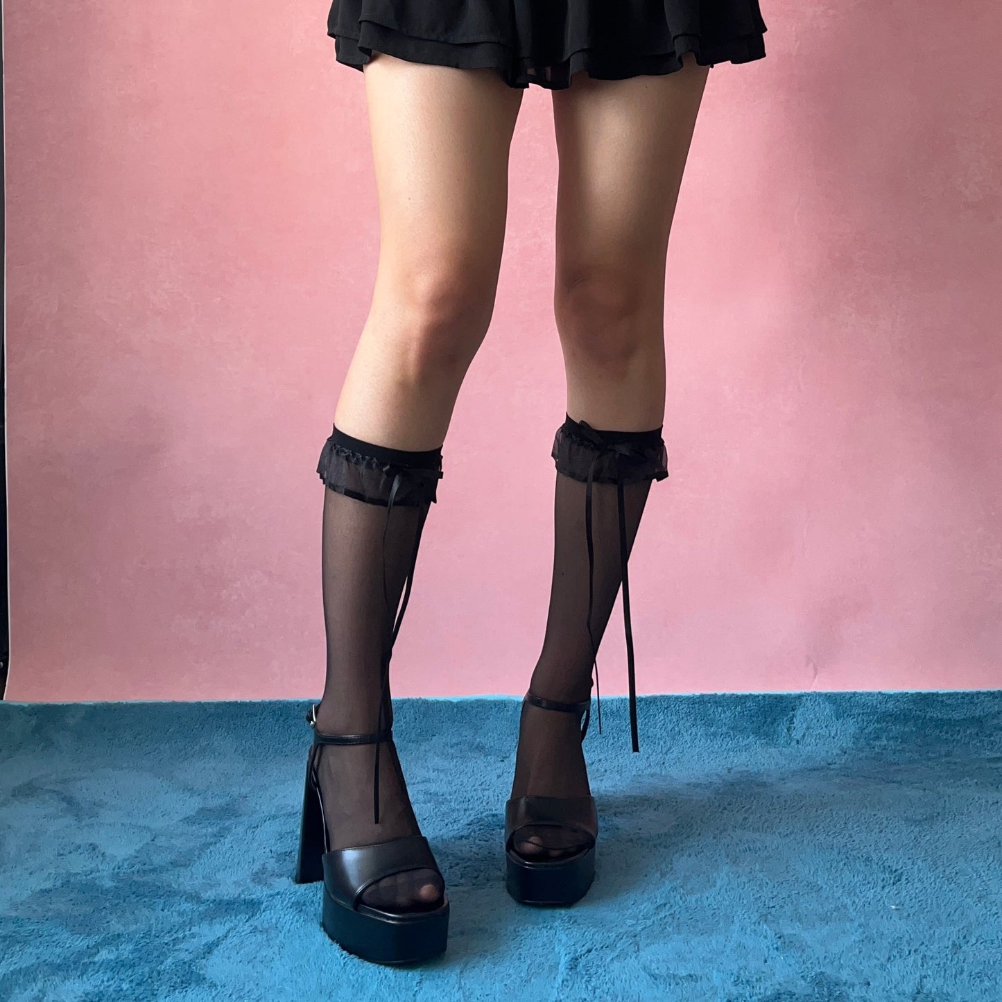Black Ruffle Sheer Knee High Socks