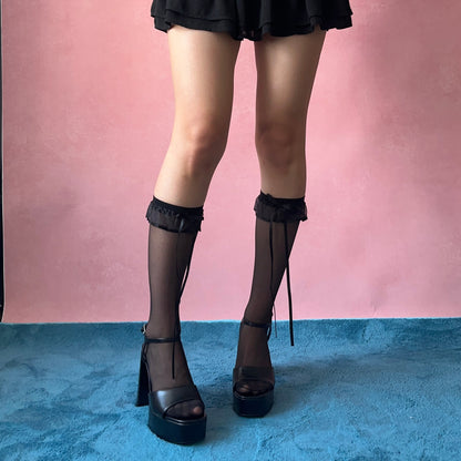 Black Ruffle Sheer Knee High Socks