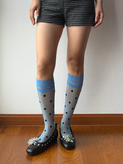 Blue Lace Edge Polka Dots Sheer Knee High Socks