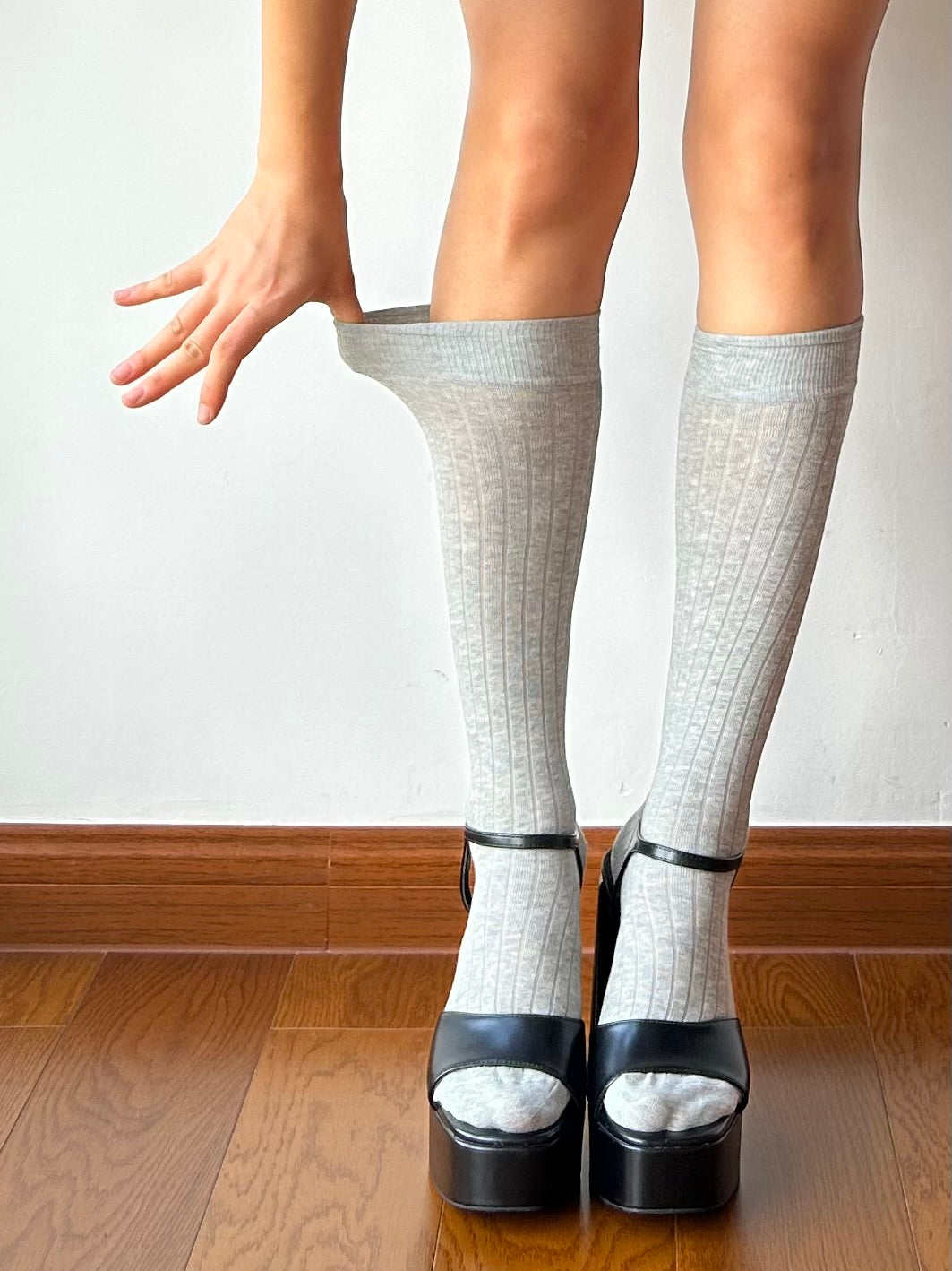 Grey Cotton Knee High Socks