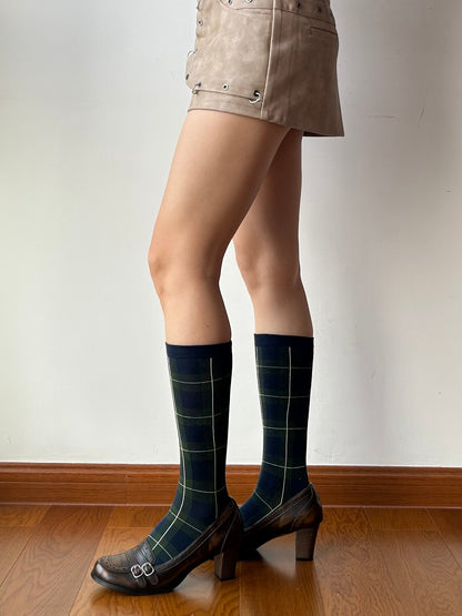 Green+Navy Blue Check Pattern Knee High Socks