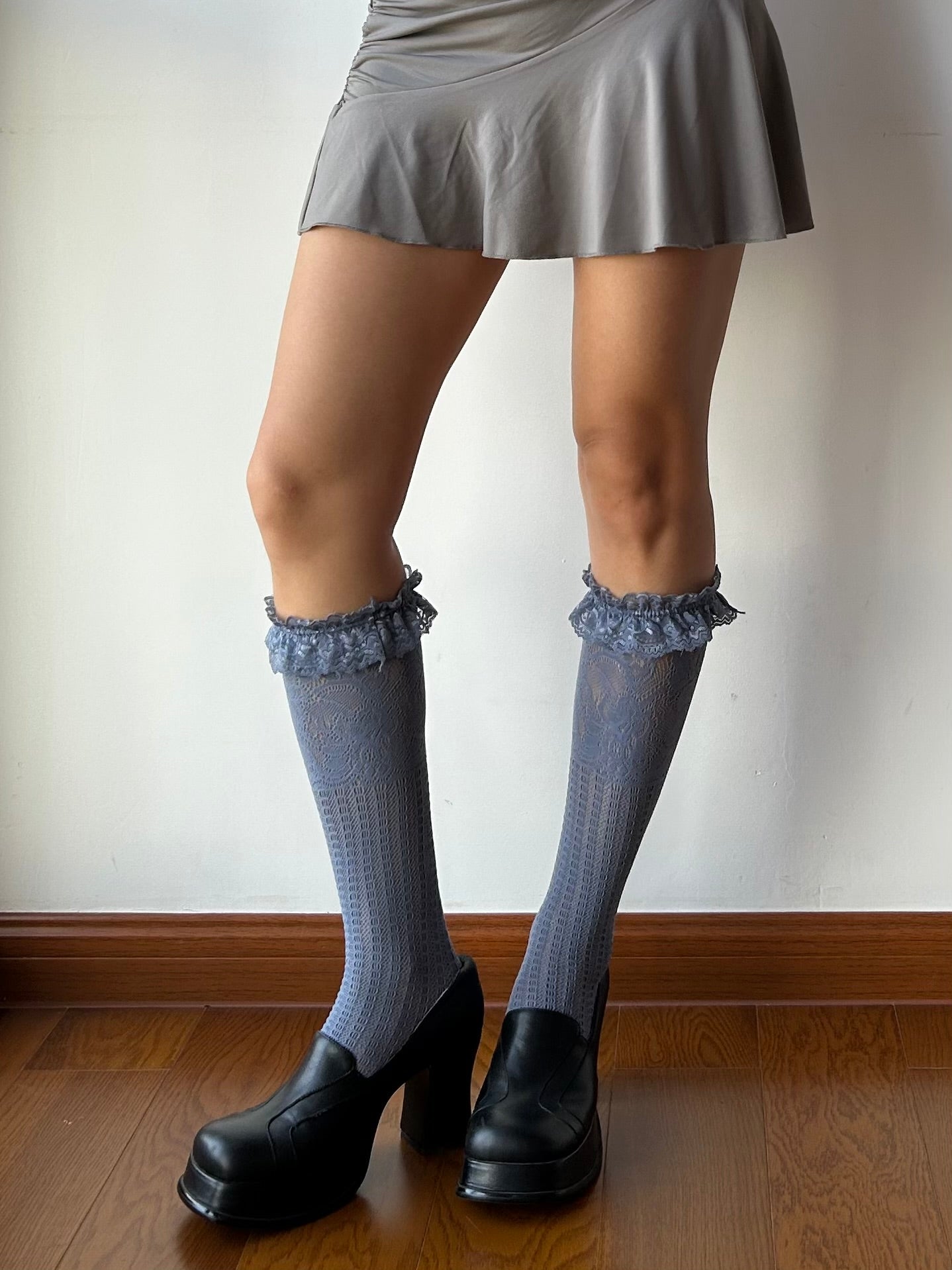 Smoky Blue Ruffle Fishnet Knee High Socks