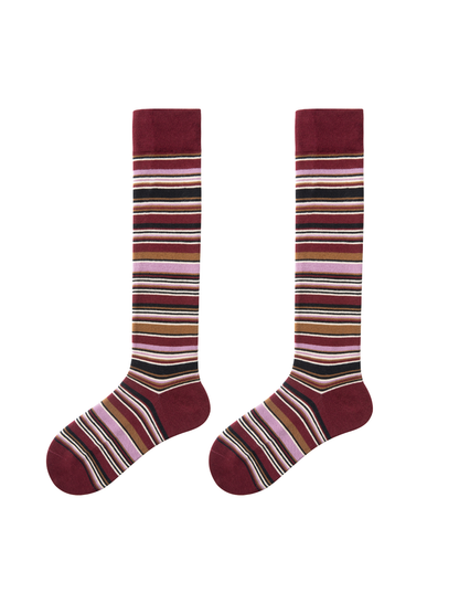 Burgundy Stripe Cotton Knee High Socks