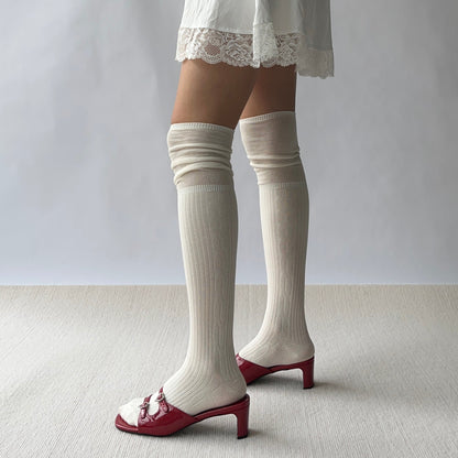 Beige Cotton Over the Knee Socks