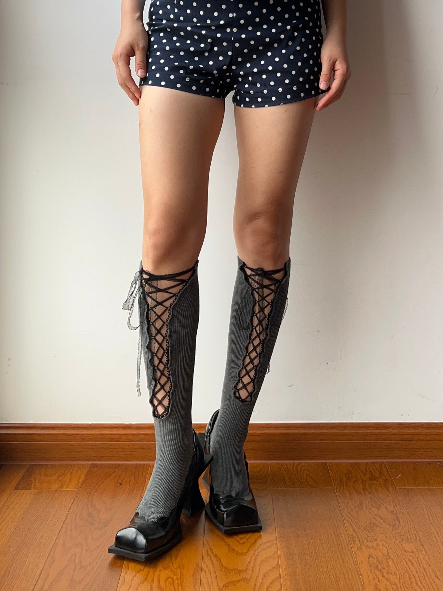 Grey Lace Up Knee High Socks