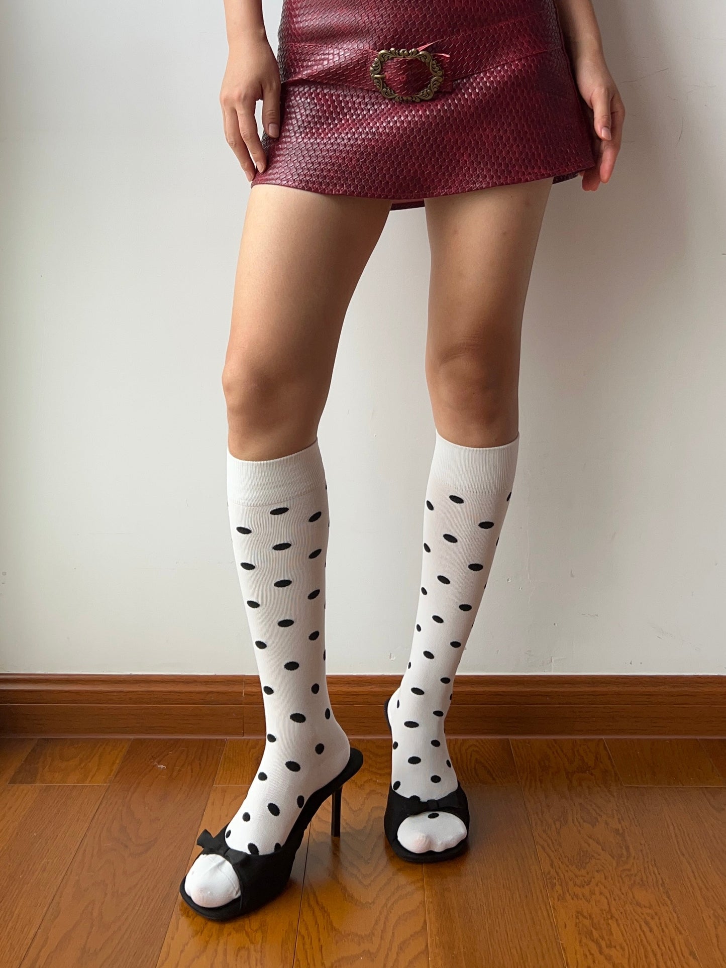 White Polka Dots Cotton Knee High Socks