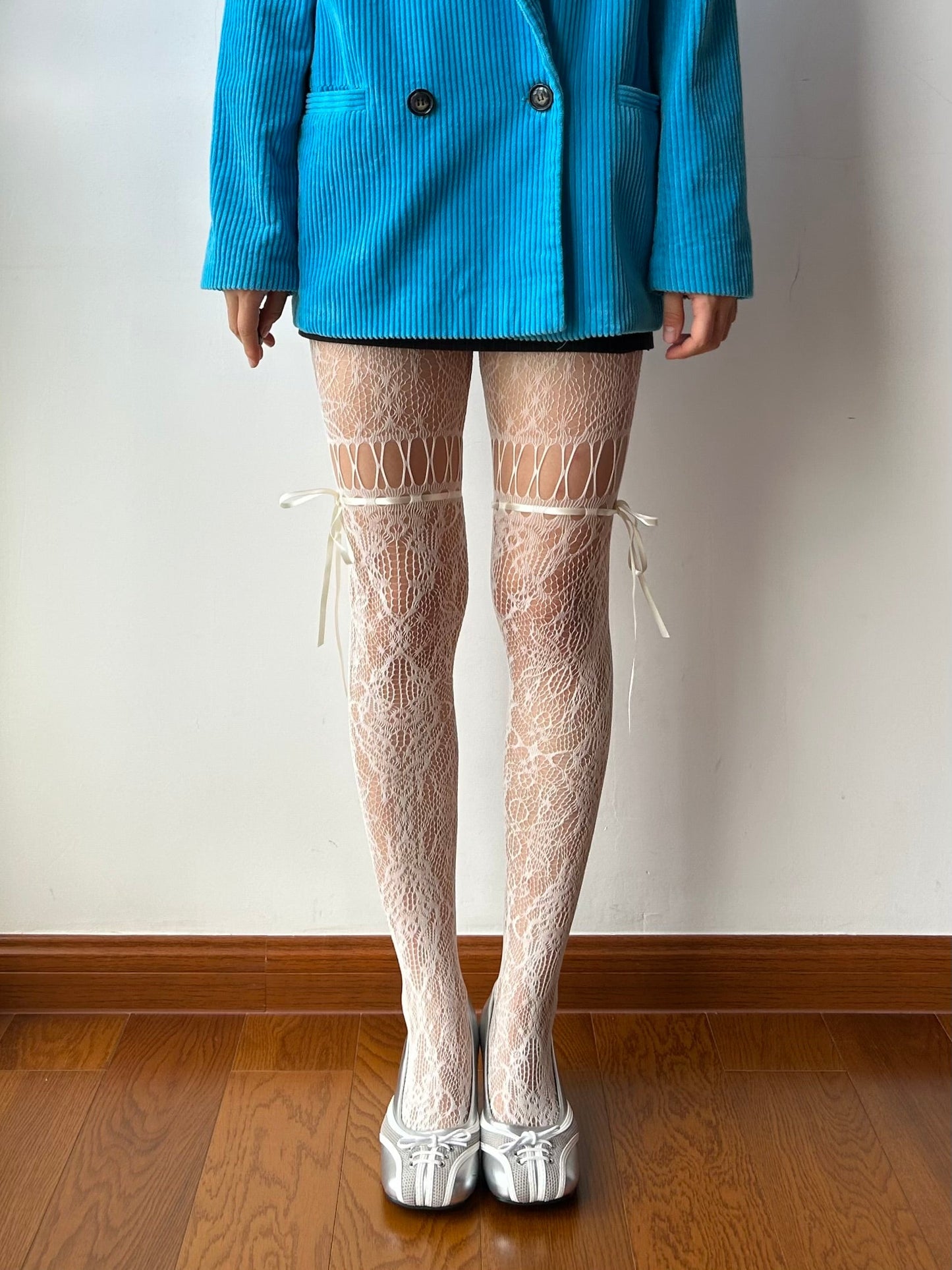 White Lace Up Design Fishnet Tights