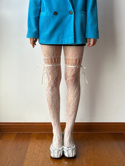 White Lace Up Design Fishnet Tights