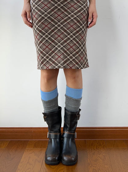 Blue Edge Gray Cotton Knee High Socks