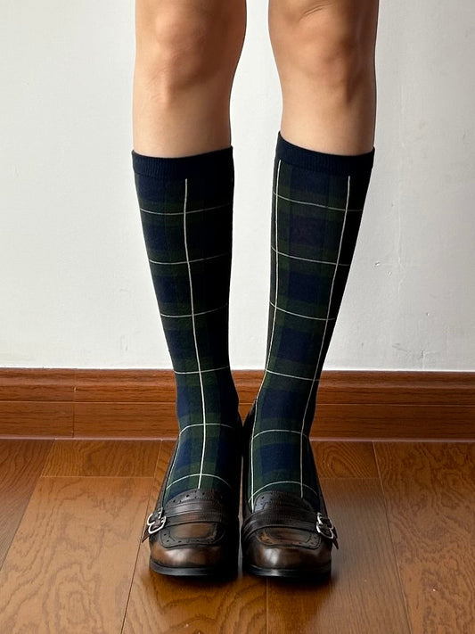 Green+Navy Blue Check Pattern Knee High Socks