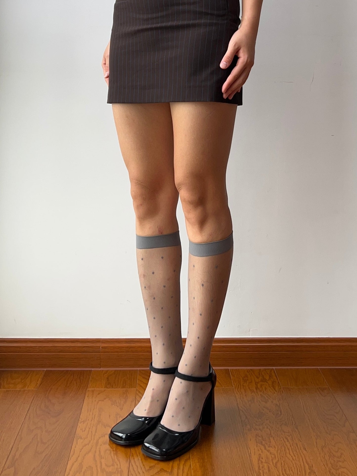 Grey Polka Dots Sheer Knee High Socks
