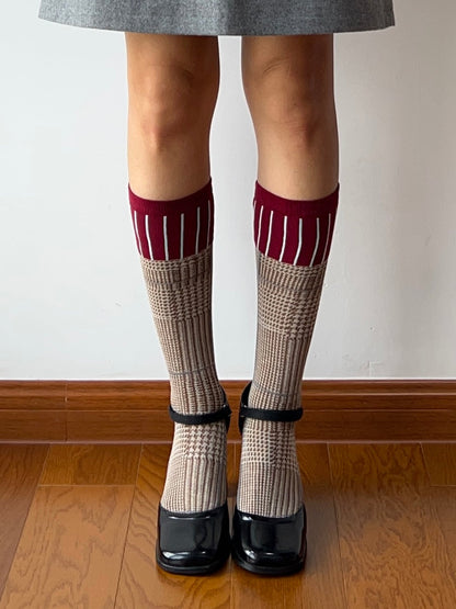 Burgundy+Khaki Cotton Knee High Socks