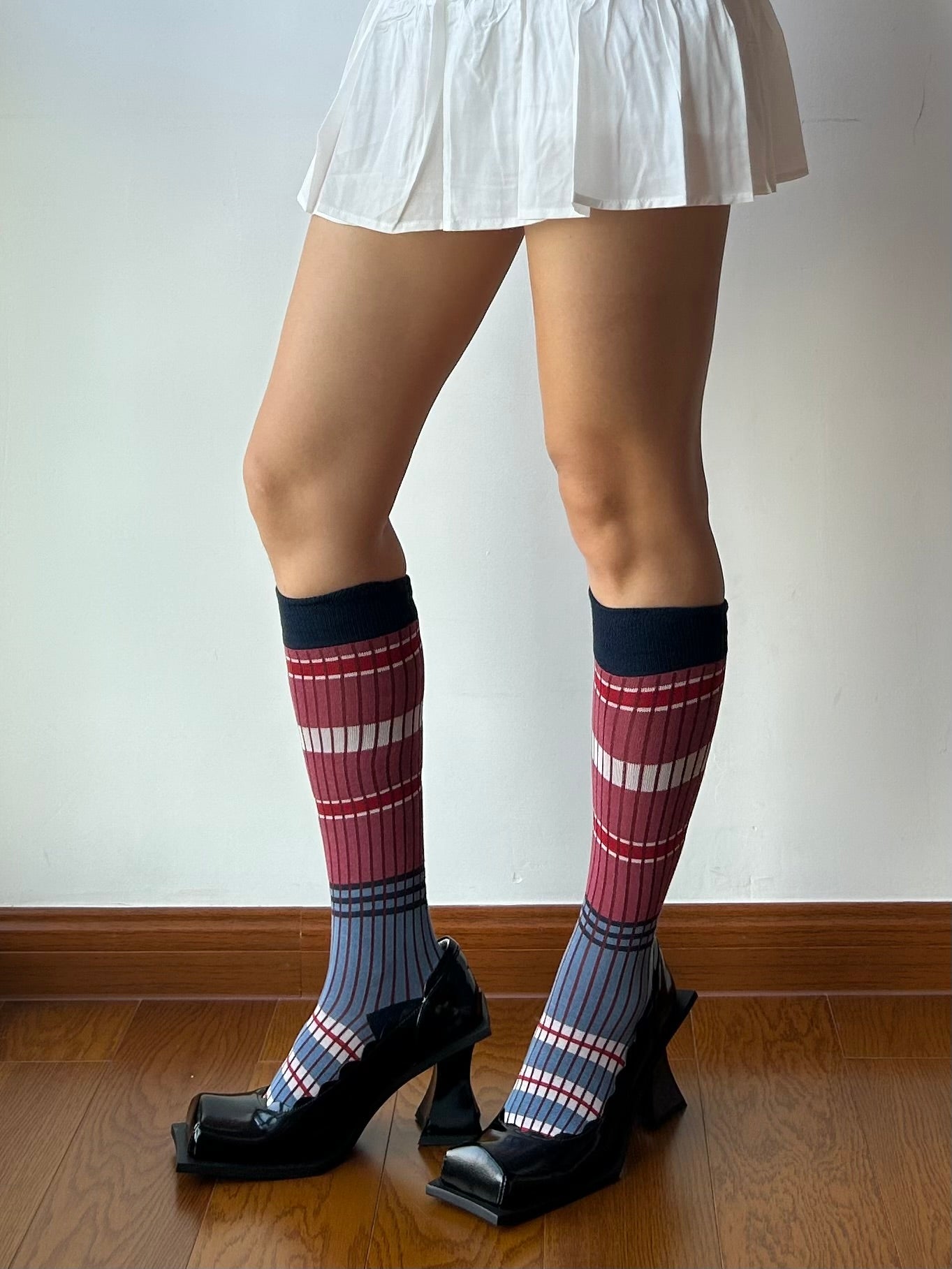 Blue + Red Stripe Cotton Knee High Socks