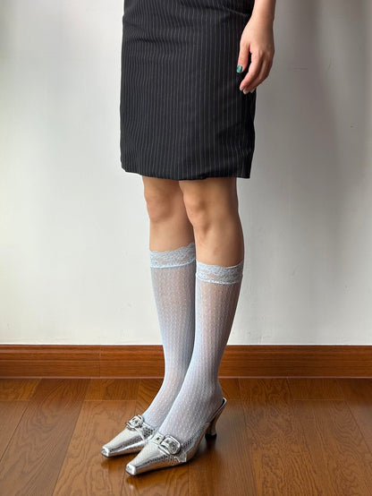 Dusty Blue Lace Edge Fishnet Knee High Socks