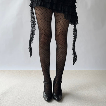 Black Check Pattern Fishnet Tights