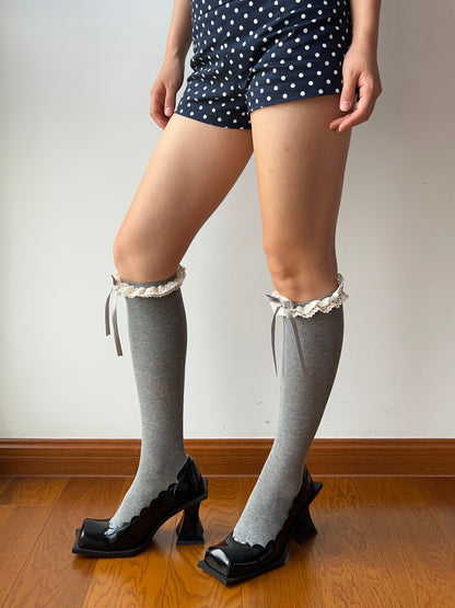 Gray Ruffle Knee High Socks