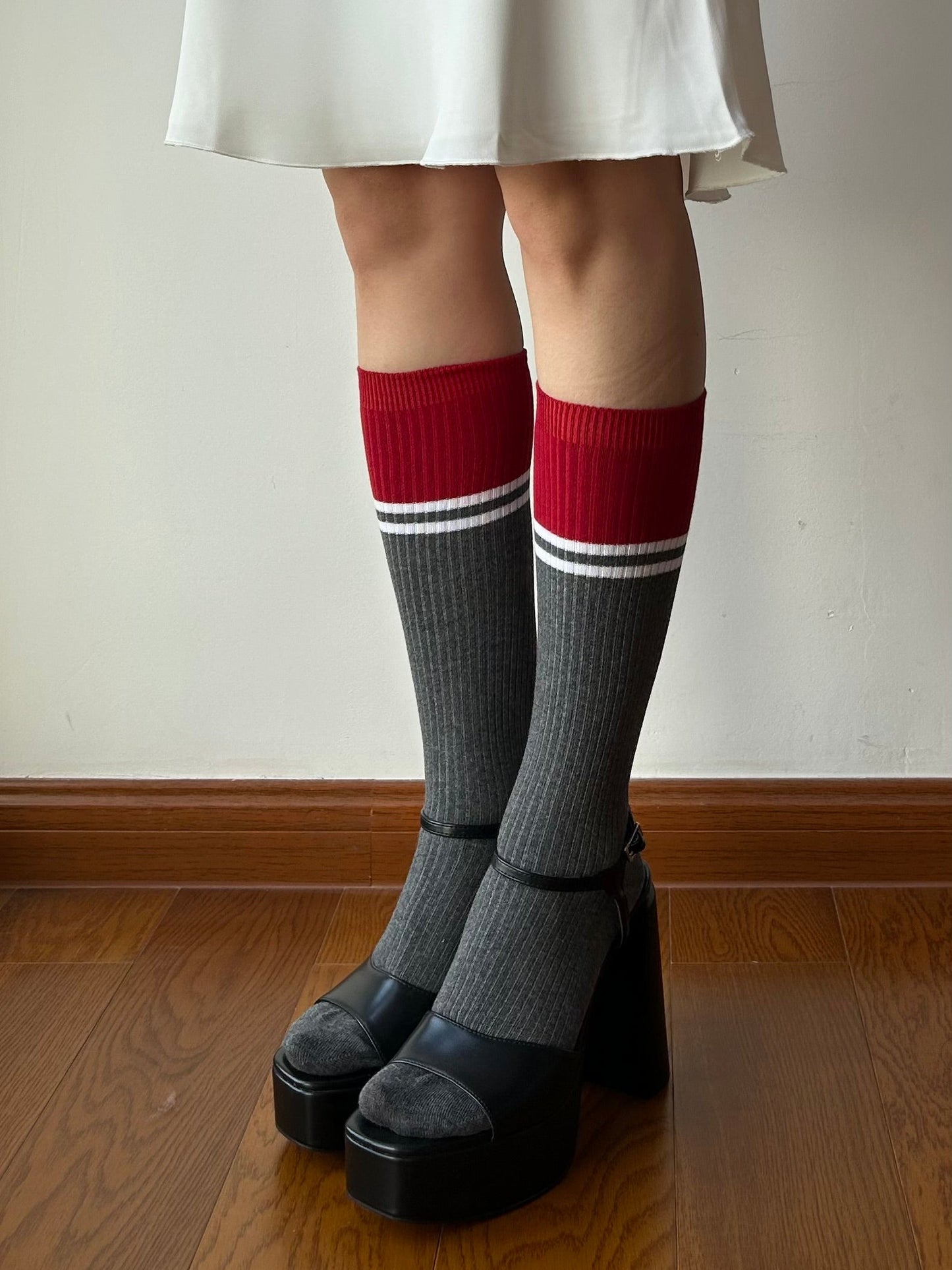 Red + Grey Cotton Knee High Socks
