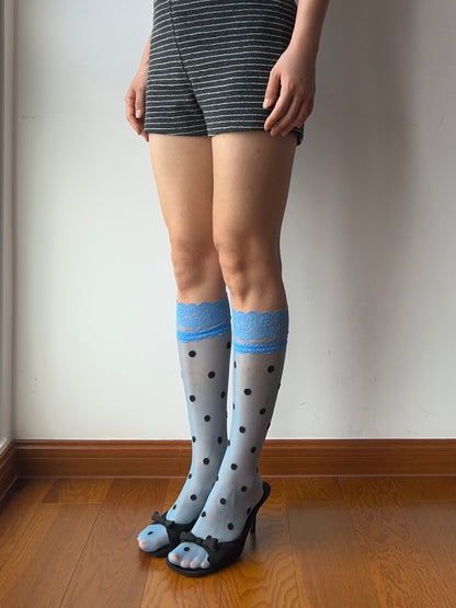 Blue Lace Edge Polka Dots Sheer Knee High Socks