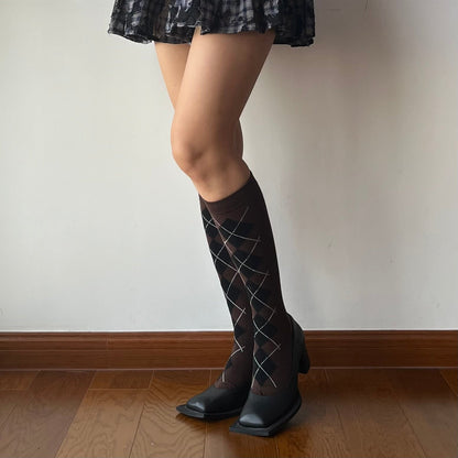 Brown Check Pattern Cotton Knee High Socks