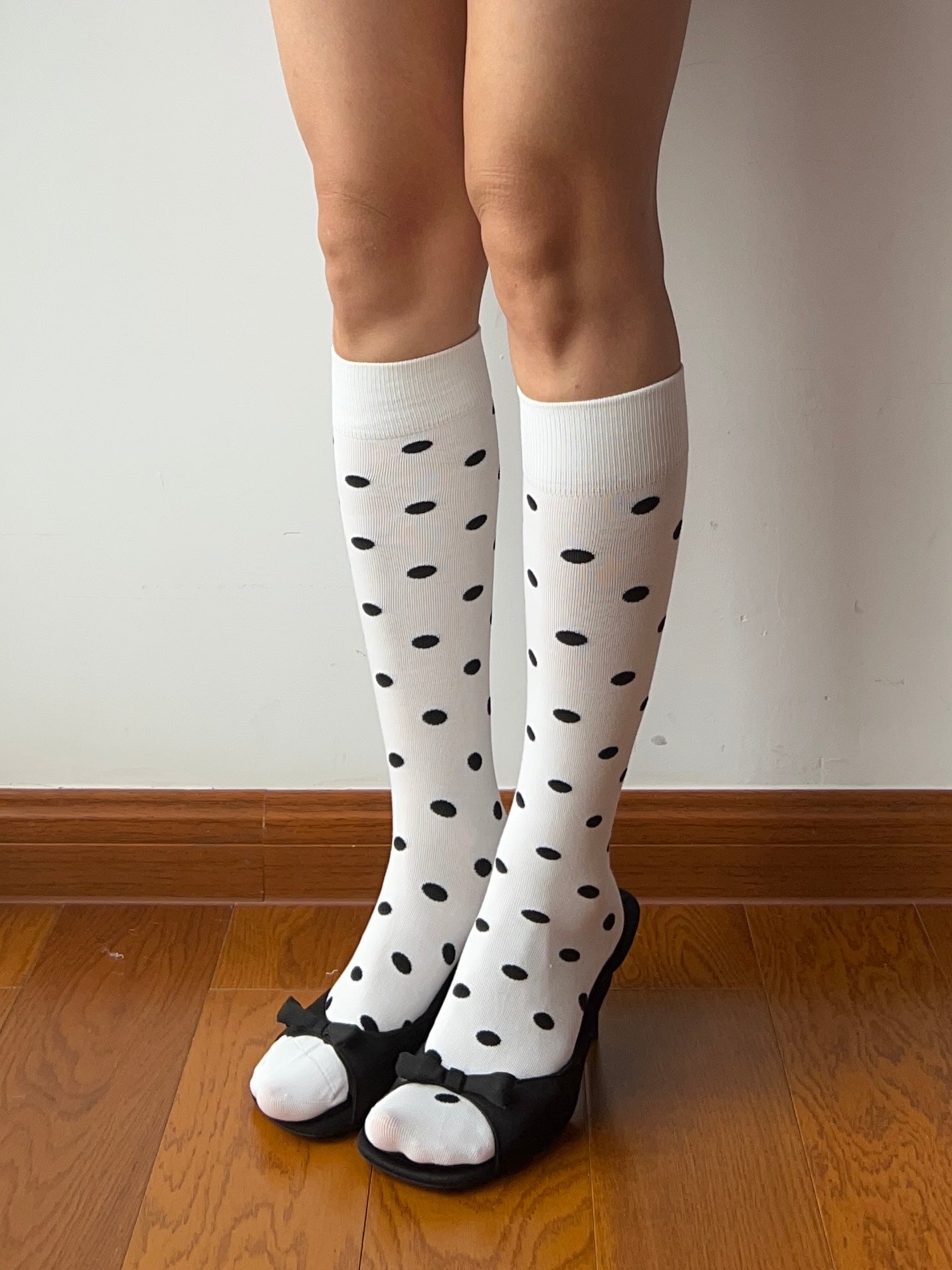 White Polka Dots Cotton Knee High Socks