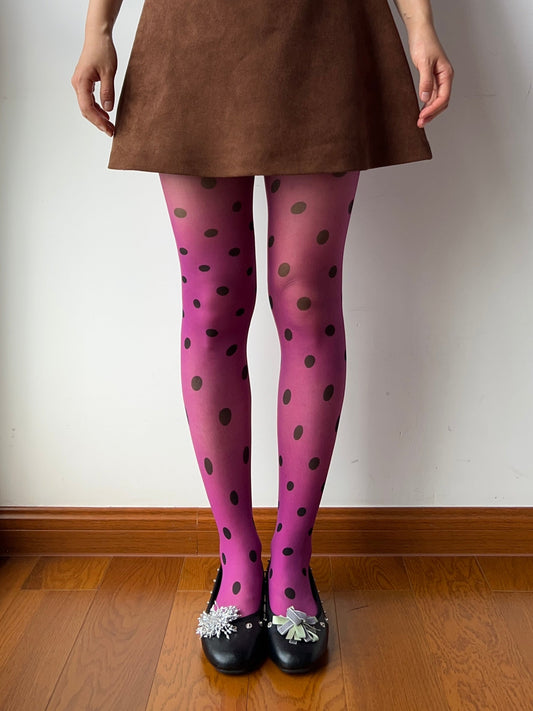 20D Purple Polka Dots 360 Degree Print Tights