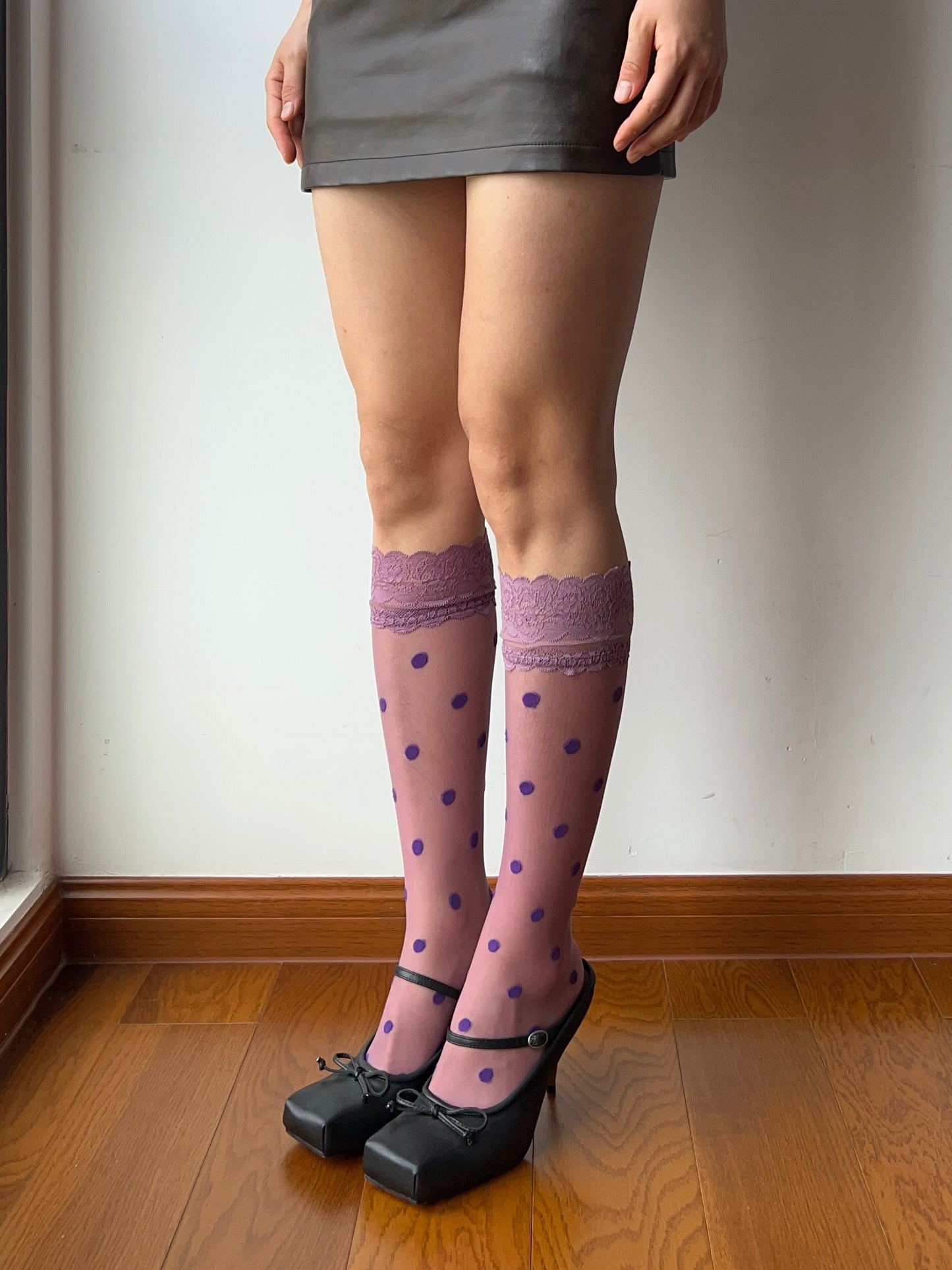 Purple Lace Edge Polka Dots Sheer Knee High Socks