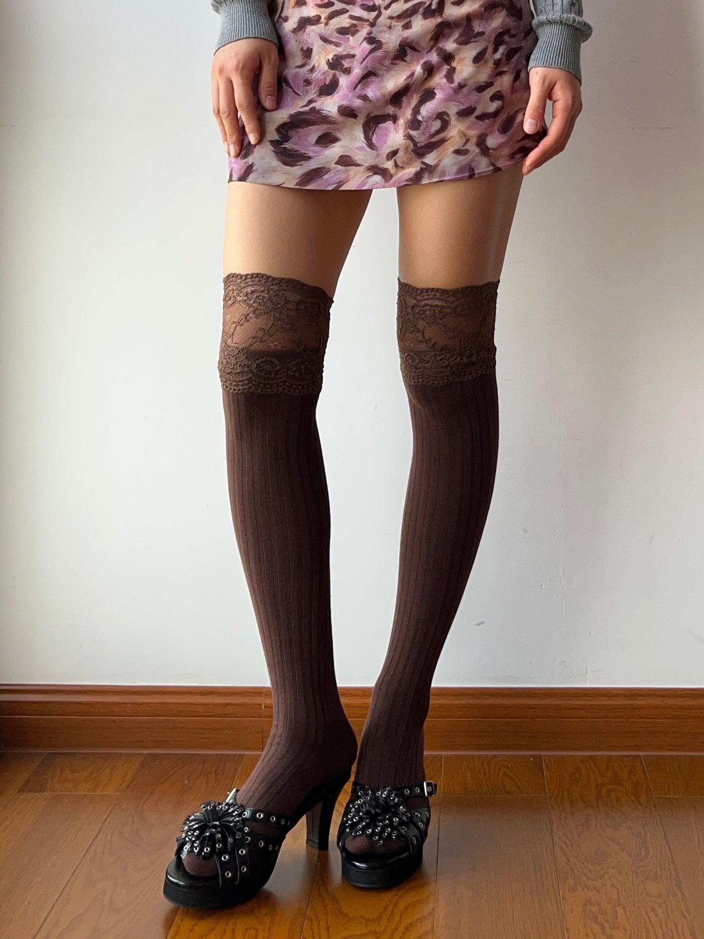 Coffee Lace Cotton Over the Knee Socks