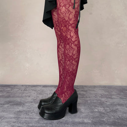 Burgundy Floral Pattern Fishnet Tights