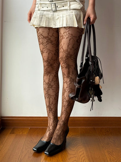 Brown Floral Pattern Fishnet Tights