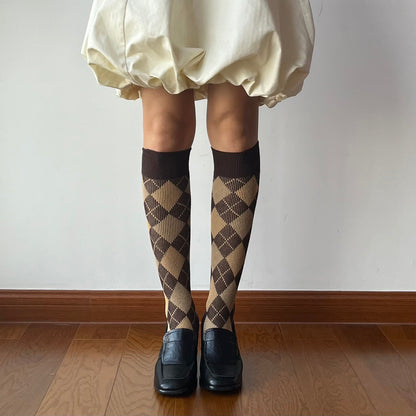 Brown Check Pattern Cotton Knee High Socks
