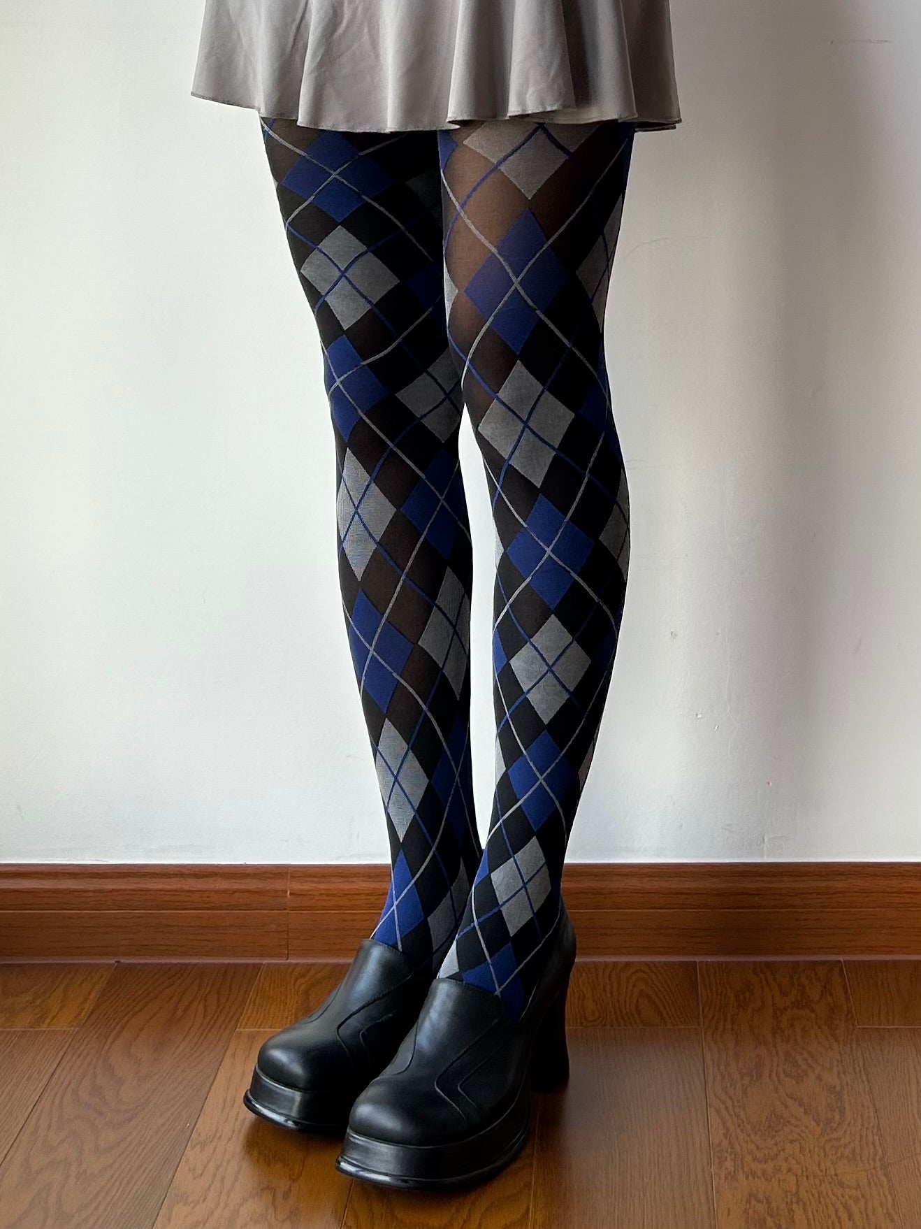 Vintage Style Blue Check Pattern Tights