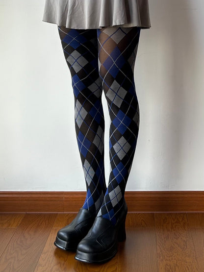 Vintage Style Blue Check Pattern Tights