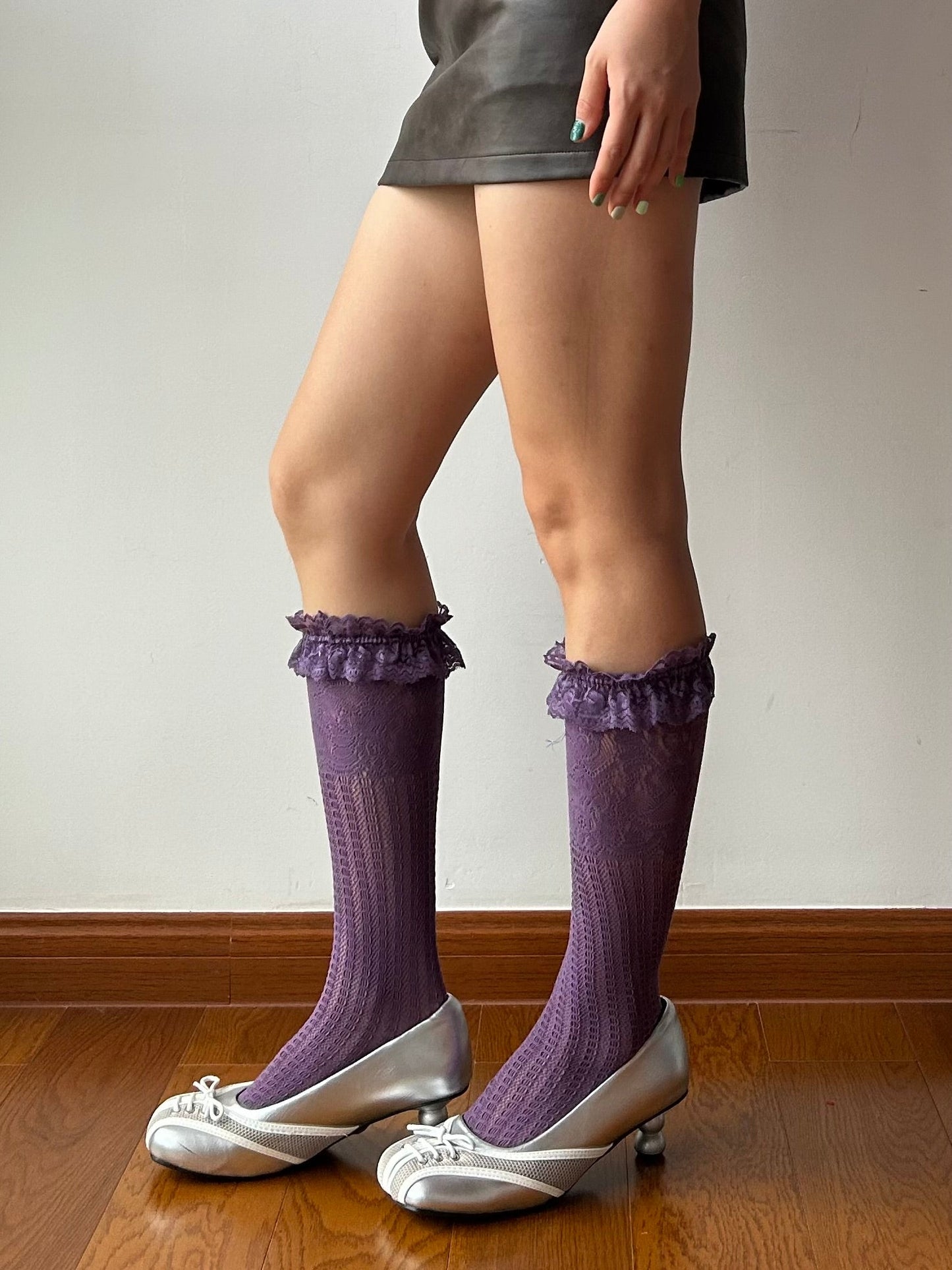 Purple Ruffle Fishnet Knee High Socks