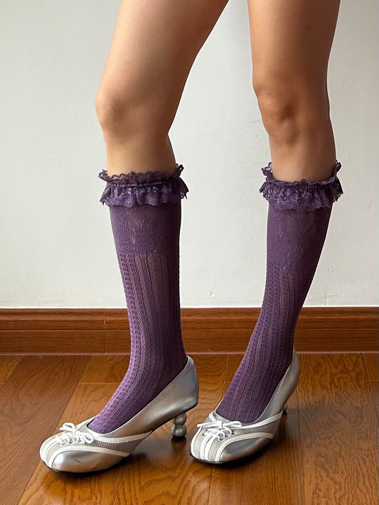 Purple Ruffle Fishnet Knee High Socks