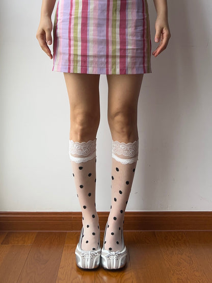 White Lace Edge Polka Dots Sheer Knee High Socks