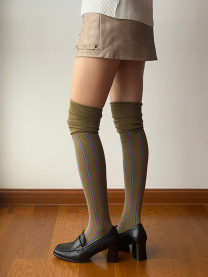 Olive Stripe Cotton Over the knee socks