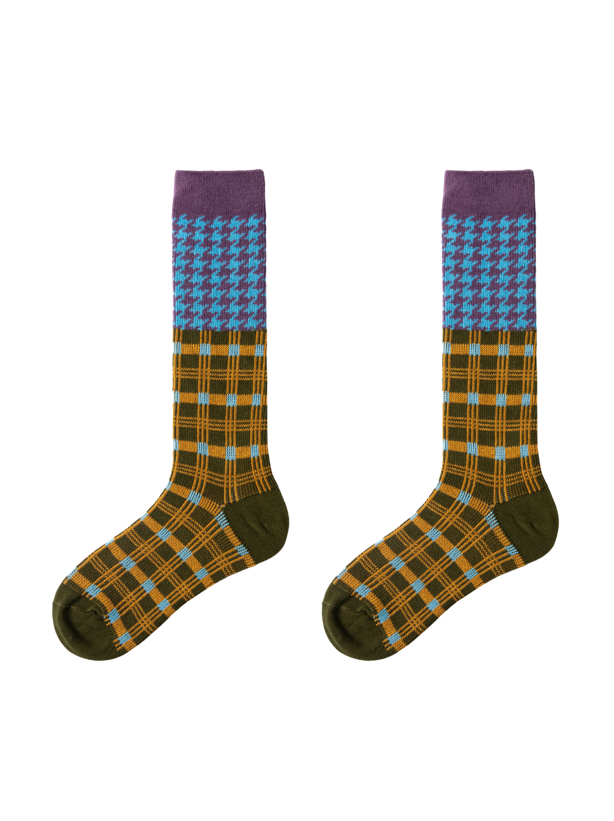 Blue+Olive Green Double Knitting Knee High Socks
