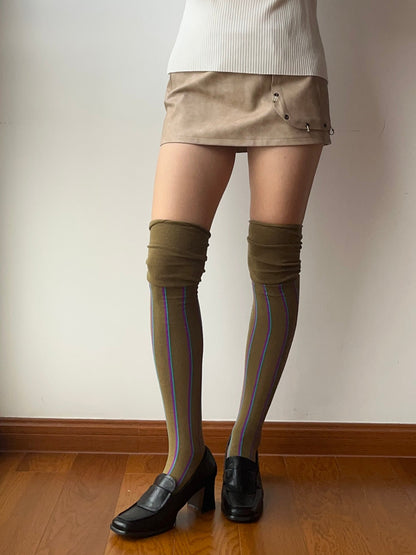 Olive Stripe Cotton Over the knee socks
