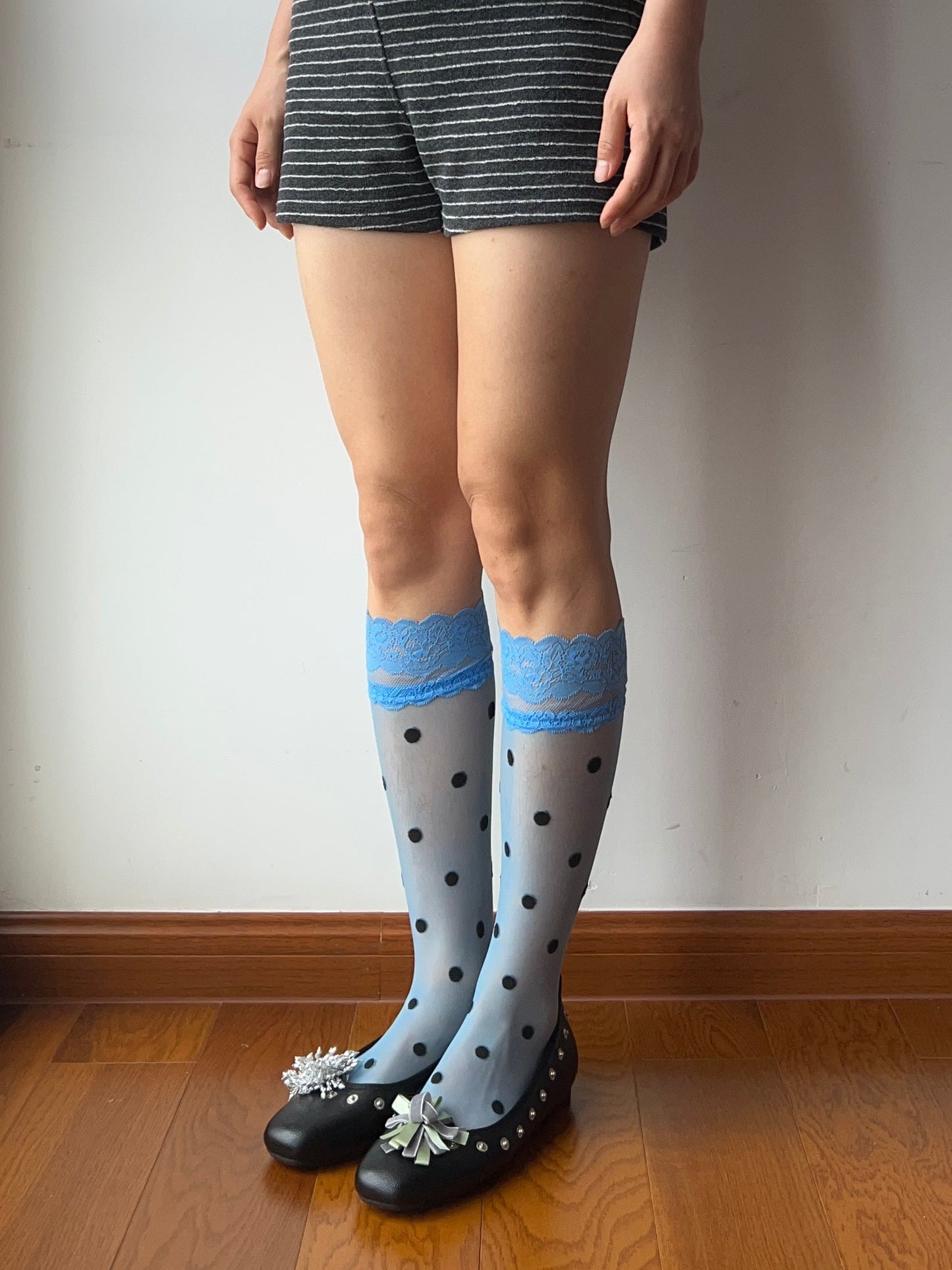 Blue Lace Edge Polka Dots Sheer Knee High Socks