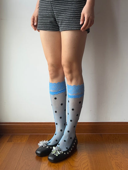 Blue Lace Edge Polka Dots Sheer Knee High Socks