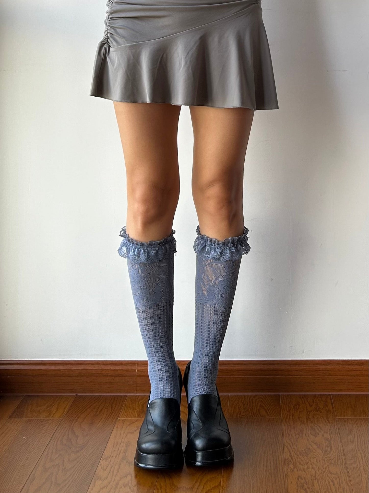 Smoky Blue Ruffle Fishnet Knee High Socks